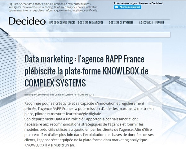 RAPP France plébiscite la plate-forme KNOWLBOX de COMPLEX SYSTEMS